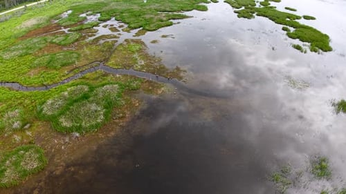 Aerial drone shot of wetlands and reflective water surfaces near the Les Cheneaux Islands in
