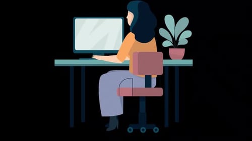 Businesswoman Sitting At Desk Working On Laptop Cartoon Animation On Alpha Channel
