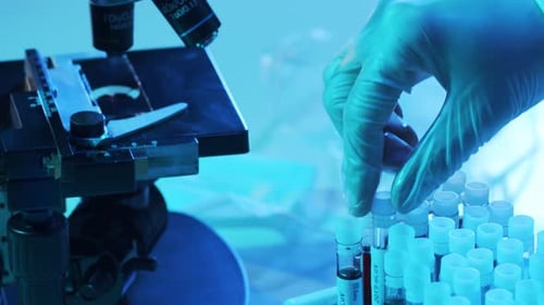 Laboratory Tubes with Blood and Virus Closeup of Scientific Lab in Hospital Epidemic Disease