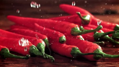 Drops of Water Fall on Chili Peppers Filmed on a Highspeed Camera at 1000 Fps