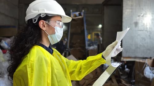Woman Inspects Recycling Facility Documentation in Factory
