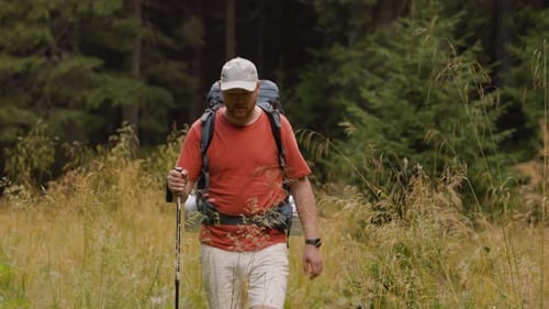 Man Hiking with Backpack in Grassy Meadow