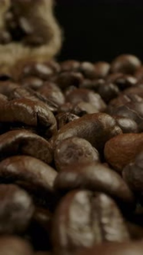 Close Up of Roasted Coffee Beans and Burlap