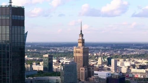 Drone view of Palace of Culture and Science in Warsaw, Poland