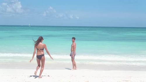 Happy Couple Walks Into Ocean on Beach by Aerial Drone Attractive