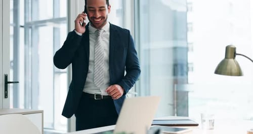 Phone call, networking and business man in office for planning, discussion and communication