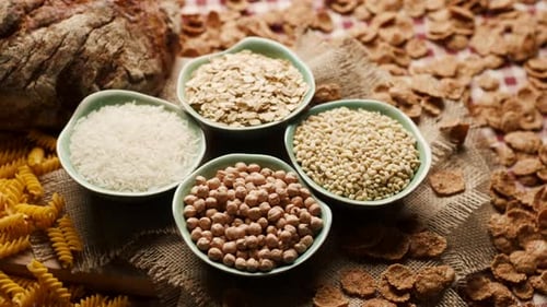 Grains, seeds, and carbs on burlap