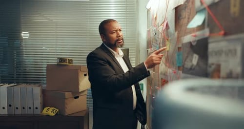 Man Points at Crime Board in Office