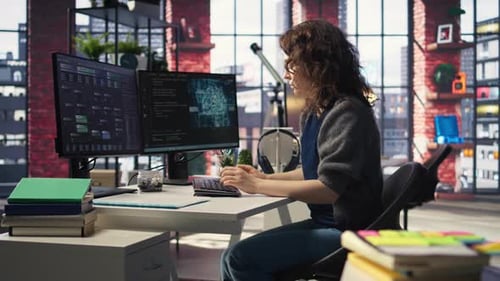 Woman Working at Computer in Modern Bright Office