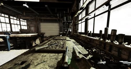 Woodworking Craft Studio Showcases Intricate Designs and Tools at Workbench