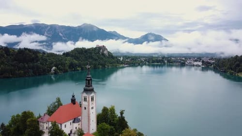 AERIAL Fly-By over Bled Island in Lake Bled, Slovenia