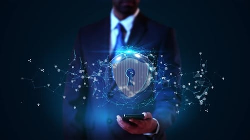 Hologramme HuD à affichage virtuel pour homme d'affaires, cybersécurité, sécurité des réseaux de données ou confidentialité des informations