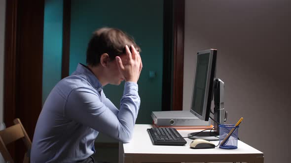 Stressed Office Worker Pulling Hair Out at Computer Desk, Technology ...