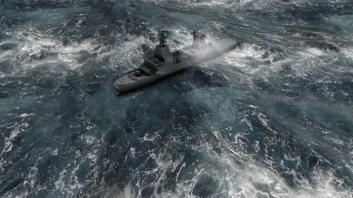 Navy ship vessel in stormy ocean Aerial view