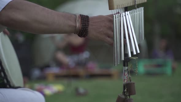 Traditional bells set instrument with gold color, percussionist Man ...