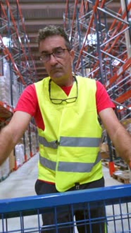 Homme en équipement de protection travaillant dans un entrepôt de stockage