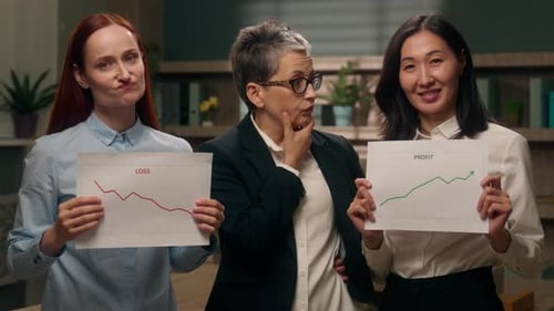 Confused Caucasian Businesswoman Leader Choice Diversity Workers Holding Two Graphics Profit
