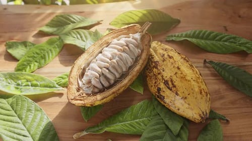 Fruta de cacau fresca com feijão e folhas de cacau em uma mesa de madeira à luz do sol.