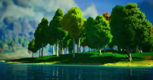 Lush Green Forest Along a Serene Lake Under a Bright Blue Sky
