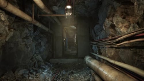 Exploring the Dimly Lit Underground Bunker with Exposed Pipes and Rock Walls