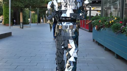 Street Performer in a Mirror Suit Creating Reflections on an Urban Pedestrian Area
