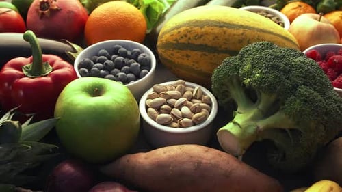 Assorted Fresh Fruits, Vegetables and Nuts Still Life