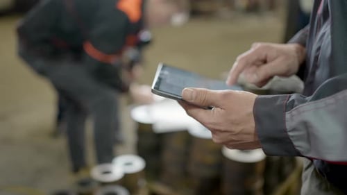 Engineer Hands Man Worker Heavy Industry Plant Factory Tablet Pipe Manufacture Machinery