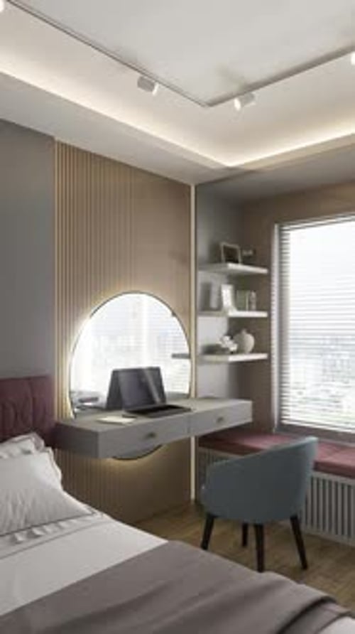 Modern Bedroom Interior Featuring Vanity with Round Mirror