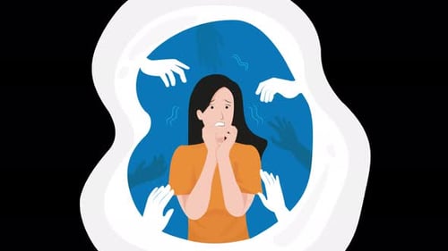 woman panic attack hands wanting to touch her, person with anxiety disorder 4k animation on alpha