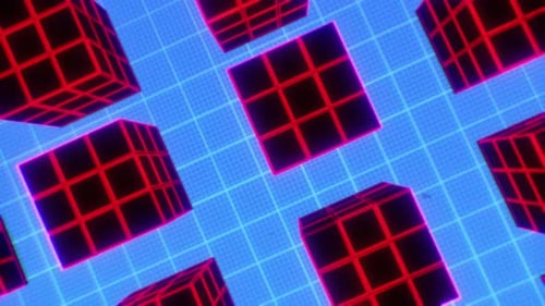 Abstract Retro Neon Cubes on Grid Motion Background