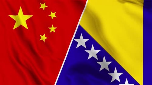Waving Flags of China and Bosnia-Herzegovina Split Diagonally