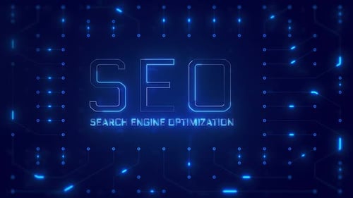 SEO Word Text with neon circuit board design or computer semiconductor design