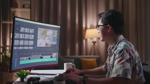 Side View Of Asian Man In Wheelchair Is Using A Desktop Next To The Camera Editing The Video At Home
