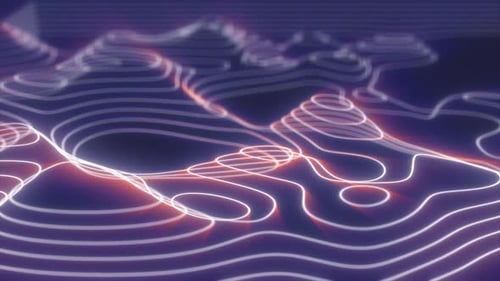 Abstract purple looped futuristic hi-tech landscape with mountains from glowing energy c