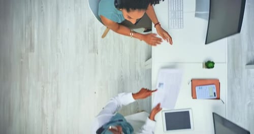 Top view, call center and customer support for business, corporate deal and talking in office