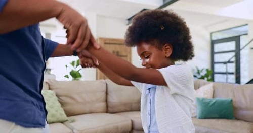 Happy, living room and parents dance with girl for bonding, relax and healthy relationship at home