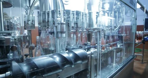 Processus automatisé de mise en bouteille de boissons mousseuses | Machines de la chaîne de production en usine en action