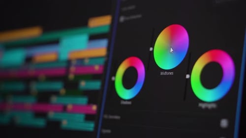 Edição de vídeo. Classificação de cores com rodas de cores. Vista aproximada da tela