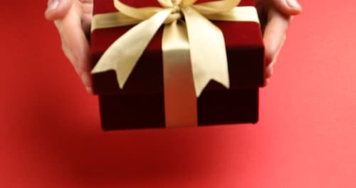 Gift Box With Ribbon Held Out on Red Background