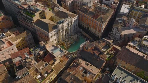 High Angle View of Famous Trevi Fountain with Sculptures and Turquoise Water