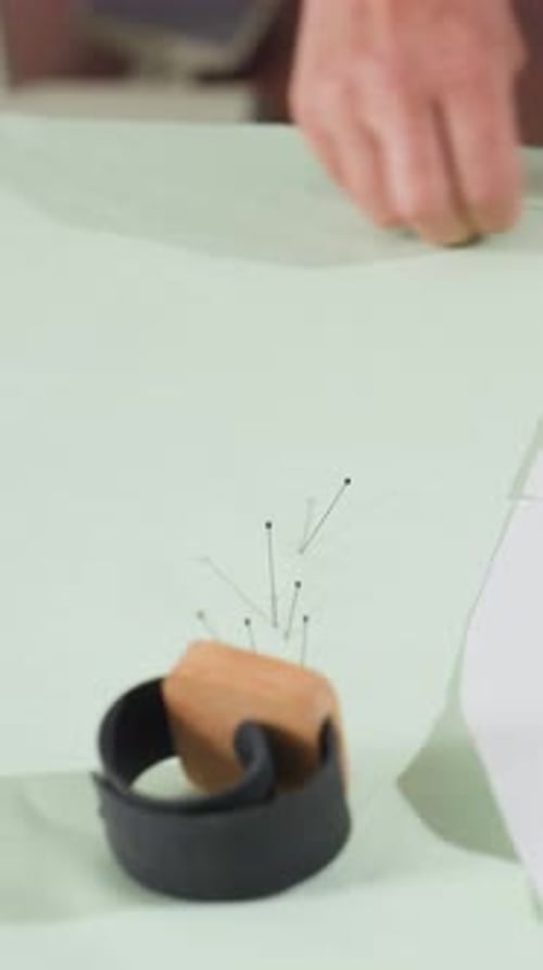 Fabric Pin Placement Using Wooden Holder for Fabric Pin Marking Craftsman Methodically Inserting
