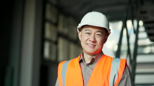 Close up portrait of a smiling asian professional engineer wearing safety helmet and vest standing