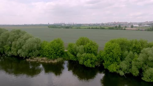 Riverbank with Green Trees Near Farm Fields in Spring Day