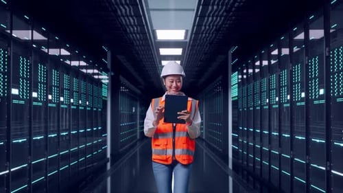 Asian Female Use Tablet While Walking in Data Center