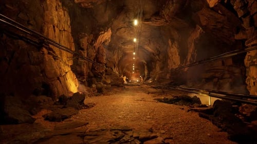 Underground Mine Passage With Electric Lights
