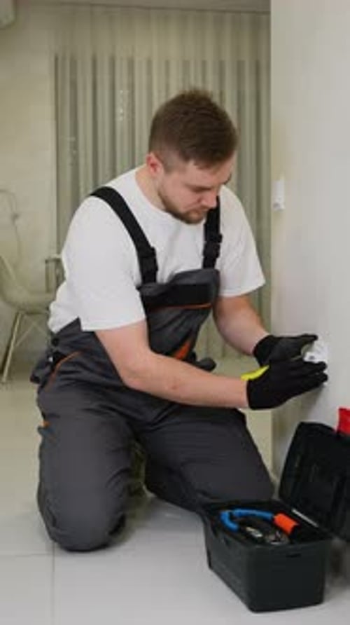 Man Kneeling Fixing Electrical Outlet in Home Interior