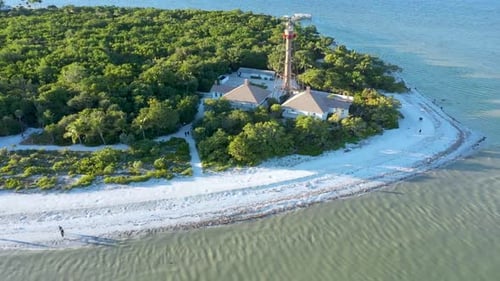 Aerial Drone Video of Lighthouse Point on Sanibel Island, Florida at Sunset.