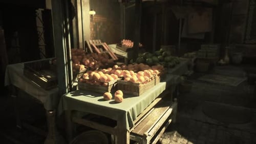 Dim Market Corner Sunlit Light Contrasts with Darkened Vendor Stall