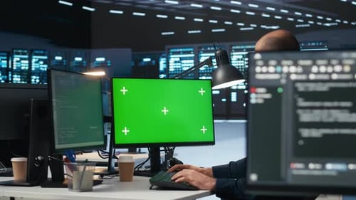 Technician Overseeing Server Room Running Code on Green Screen Computer