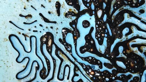 Abstract patterns of black and blue liquids mixing in a close-up, creating fluid, organic shapes